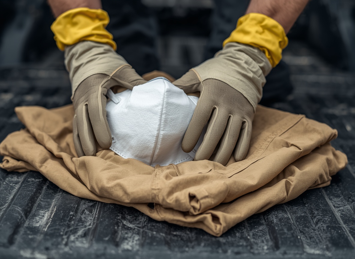 Gloved hands holding a respirator mask and folded work coveralls on a truck tailgate